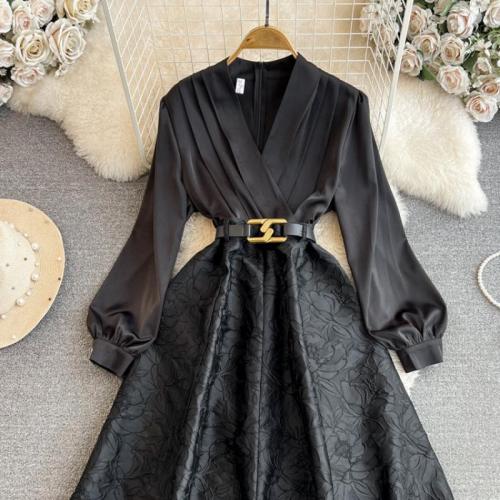 Polyester One-piece Dress slimming embroider floral black PC