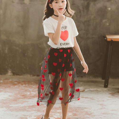 Polyester & Cotton Slim Girl Clothes Set skirt & top printed heart pattern Set