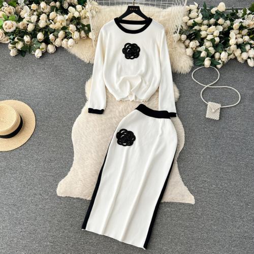 Acrylic High Waist Two-Piece Dress Set mid-long style & two piece Solid Set