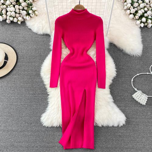 Polyester Waist-controlled Sexy Package Hip Dresses side slit & breathable knitted Solid : PC