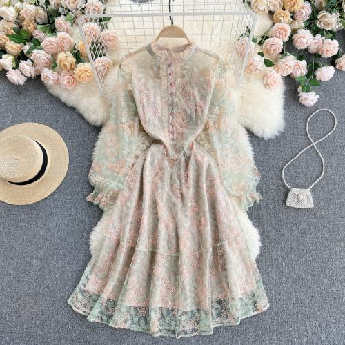 Polyester Waist-controlled One-piece Dress see through look & double layer printed shivering khaki PC