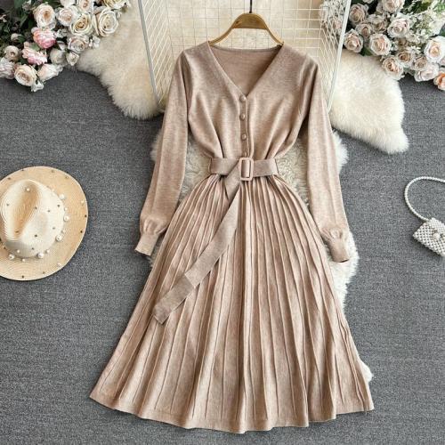 Polyester Waist-controlled & Pleated One-piece Dress breathable Solid : PC