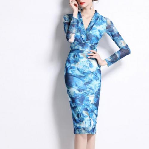 Polyester Waist-controlled Sexy Package Hip Dresses deep V printed blue PC
