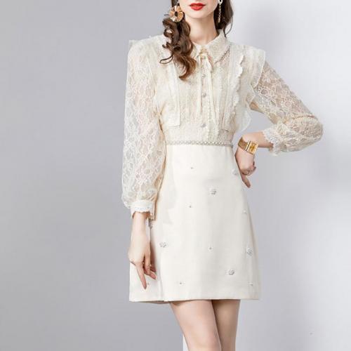 Polyester Waist-controlled One-piece Dress & breathable embroidered Apricot PC