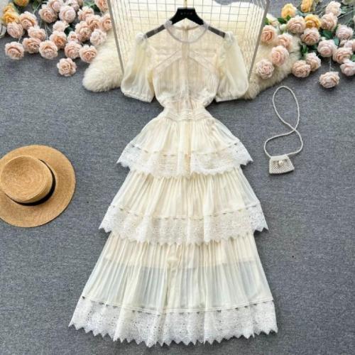 Polyester Waist-controlled & Soft & long style & Layered & Pleated One-piece Dress slimming Solid Apricot PC