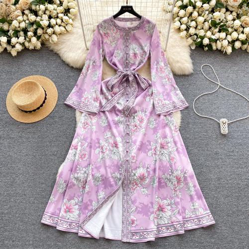 Polyester Waist-controlled One-piece Dress large hem design printed shivering purple PC