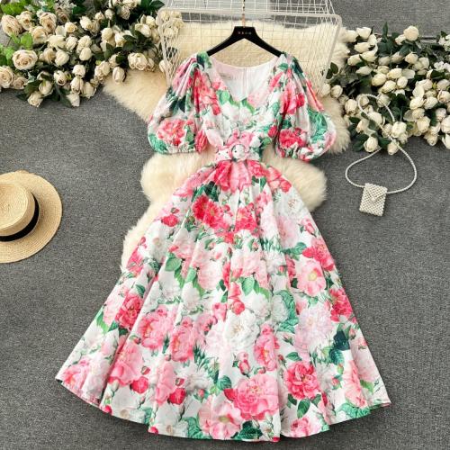 Polyester Waist-controlled One-piece Dress & breathable floral PC
