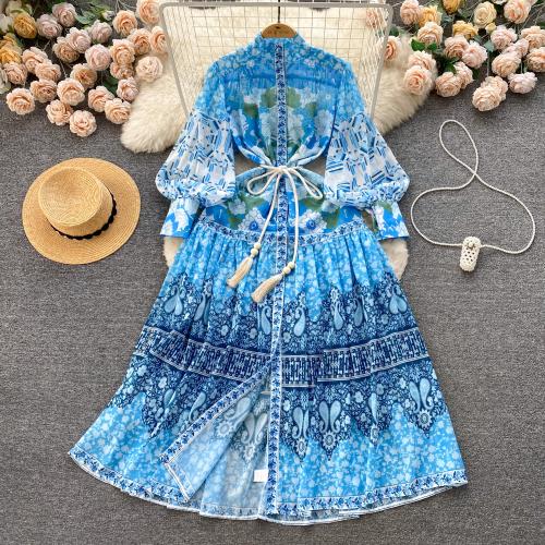 Mixed Fabric Waist-controlled & Soft One-piece Dress mid-long style & slimming printed floral PC