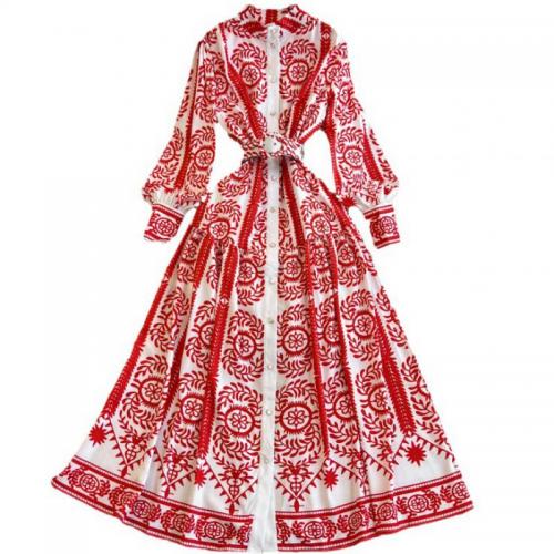Polyester Soft One-piece Dress large hem design & breathable printed red PC