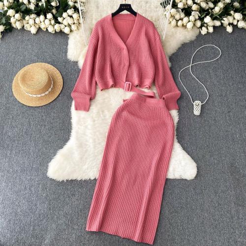 Polyester High Waist Women Casual Set two piece skirt & top knitted Solid : Set