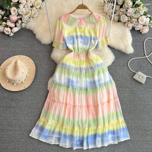 Polyester High Waist One-piece Dress mid-long style & slimming printed multi-colored PC