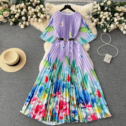Polyester High Waist One-piece Dress mid-long style & slimming printed : PC