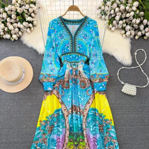 Polyester Slim One-piece Dress mid-long style printed blue PC