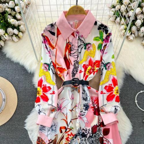 Polyester Slim One-piece Dress mid-long style printed floral mixed colors PC