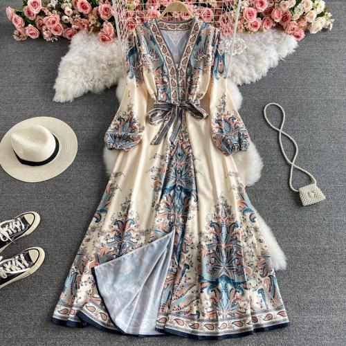 Polyester High Waist One-piece Dress mid-long style printed : PC