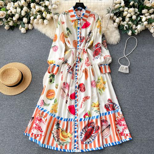 Polyester High Waist One-piece Dress mid-long style printed fruit pattern mixed colors : PC