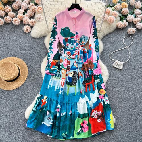 Polyester High Waist One-piece Dress mid-long style printed Cartoon mixed colors PC