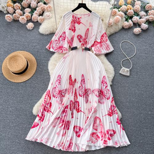 Polyester High Waist One-piece Dress mid-long style printed butterfly pattern : PC