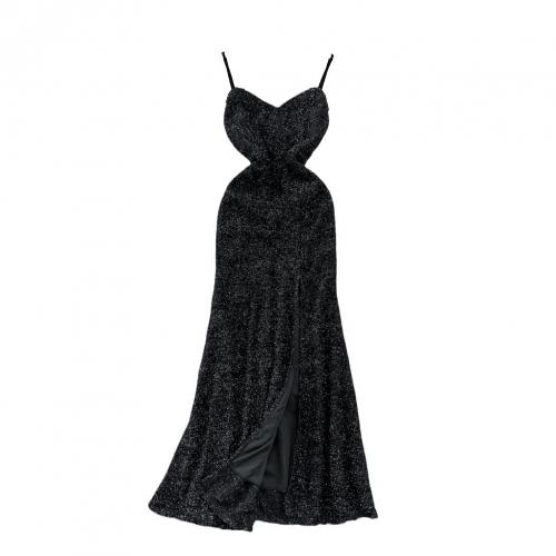 Viscose & Sequin Waist-controlled Sexy Package Hip Dresses side slit & off shoulder Solid PC