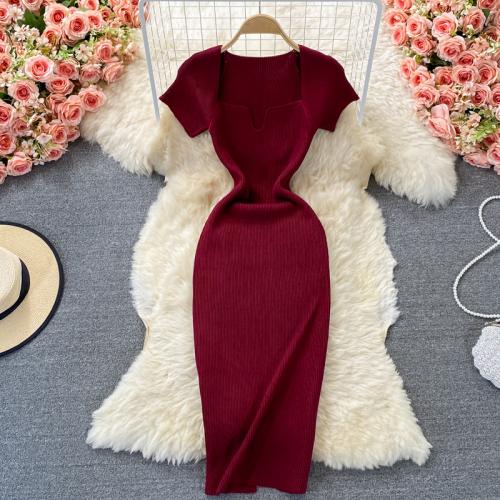 Polyester Slim & High Waist Sexy Package Hip Dresses knitted Solid : PC