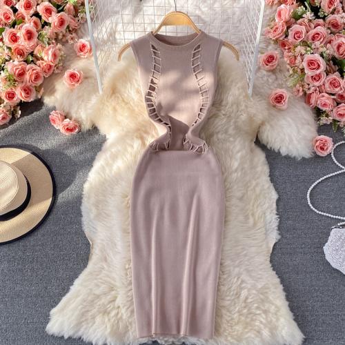 Polyester Slim & High Waist Sexy Package Hip Dresses hollow knitted Solid : PC