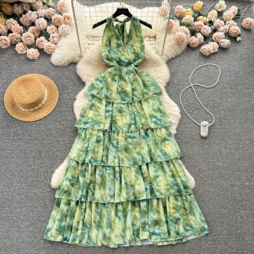 Polyester Waist-controlled Beach Dress deep V plain dyed green PC