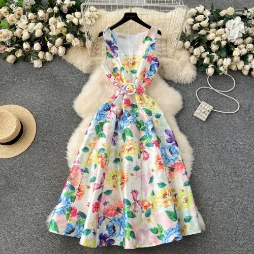 Polyester One-piece Dress large hem design & backless & breathable printed PC
