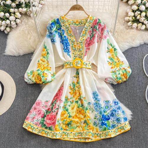 Polyester Waist-controlled One-piece Dress & loose & breathable printed floral multi-colored PC