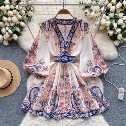 Polyester Waist-controlled One-piece Dress & loose & breathable printed Apricot PC