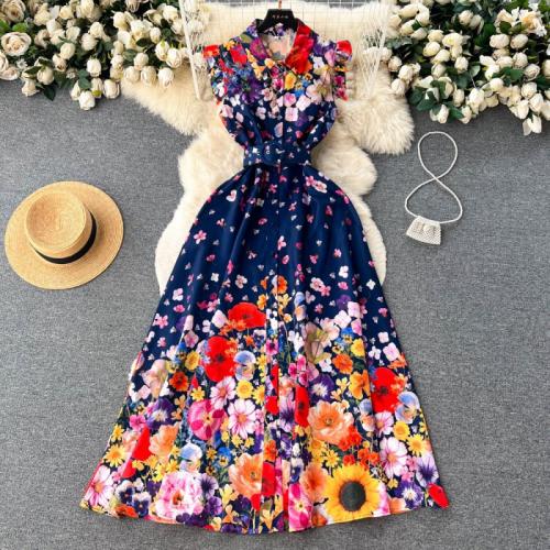 Polyester Waist-controlled One-piece Dress large hem design & slimming printed floral PC