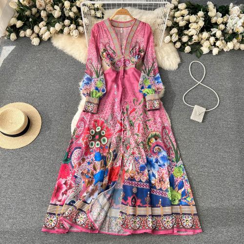 Mixed Fabric One-piece Dress large hem design & loose printed floral pink PC