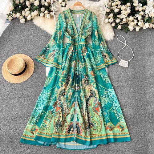 Polyester long style & front slit One-piece Dress slimming printed green PC