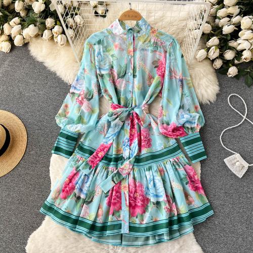 Polyester Waist-controlled & Soft One-piece Dress & breathable printed floral blue PC