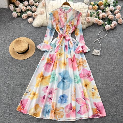 Polyester lace & Waist-controlled One-piece Dress large hem design printed floral multi-colored PC