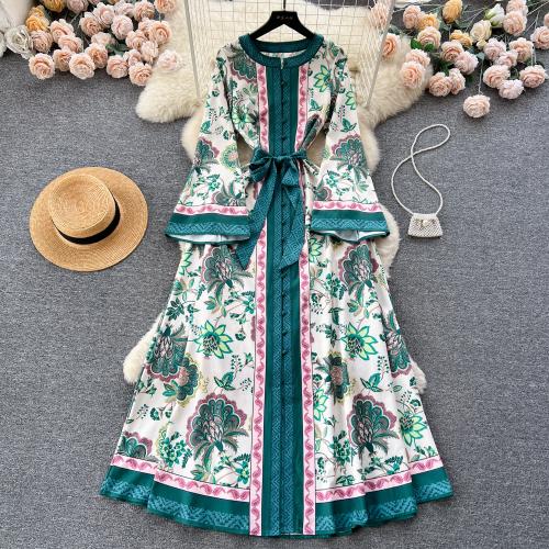 Polyester Waist-controlled & long style One-piece Dress slimming printed floral green PC