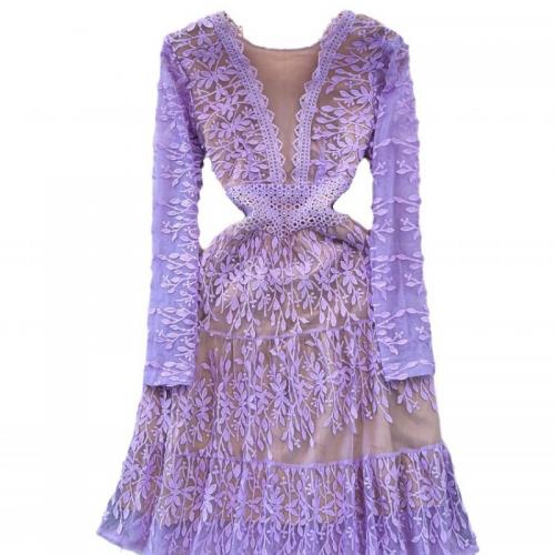Gauze & Polyester Waist-controlled One-piece Dress slimming & deep V purple PC