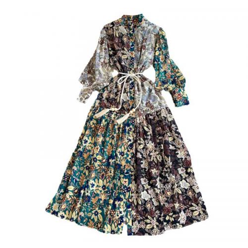 Polyester Waist-controlled & Soft One-piece Dress large hem design printed shivering green PC