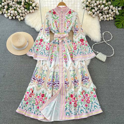 Polyester Waist-controlled & Soft One-piece Dress large hem design printed shivering white PC