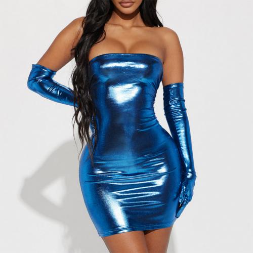 Polyester Slim Sexy Package Hip Dresses oversleeve blue PC