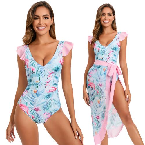 Polyamide One-piece Swimsuit & two piece & skinny style printed blue Set
