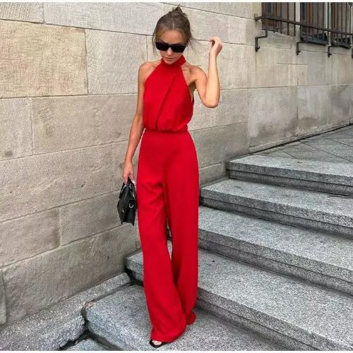 Polyester Halter & Slim & High Waist Long Jumpsuit Solid red PC