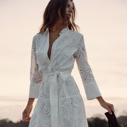 Cotton Waist-controlled & Slim One-piece Dress & hollow jacquard Solid white PC