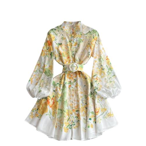 Polyester Waist-controlled & Soft One-piece Dress mid-long style & slimming printed floral PC