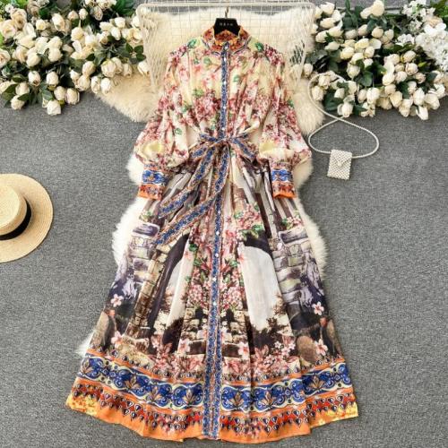 Mixed Fabric Waist-controlled & Soft & long style One-piece Dress slimming printed floral mixed colors PC