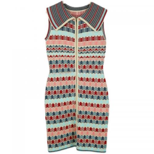 Knitted One-piece Dress slimming printed mixed colors : PC