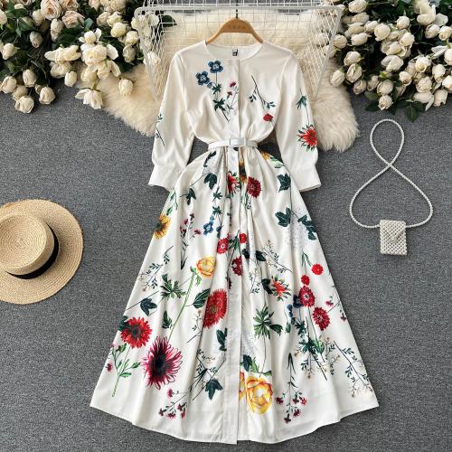 Polyester Slim & High Waist One-piece Dress printed floral white PC