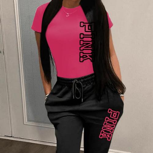 Polyester Plus Size Women Casual Set & two piece Pants & top printed letter fuchsia Set