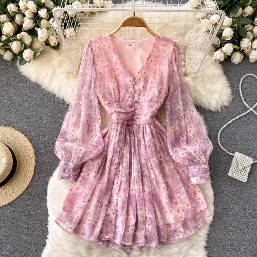 Chiffon Waist-controlled One-piece Dress slimming & deep V printed shivering pink PC