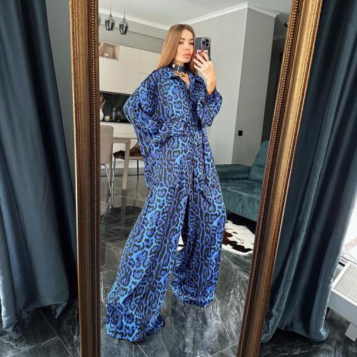 Polyester Women Casual Set & two piece & loose Pants & coat printed leopard blue Set