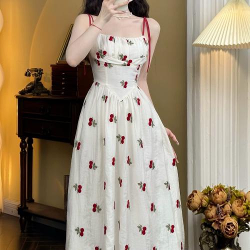 Polyester Slim & A-line & High Waist Slip Dress printed fruit pattern white PC